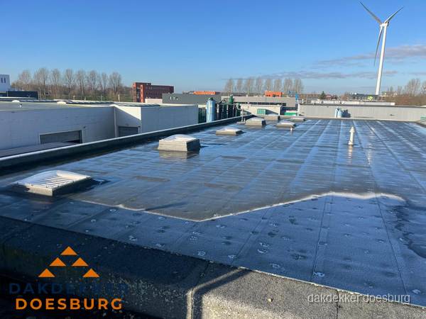 Plat dak bedrijfspand met bitumen dakbedekking en lichtkoepels in Doesburg