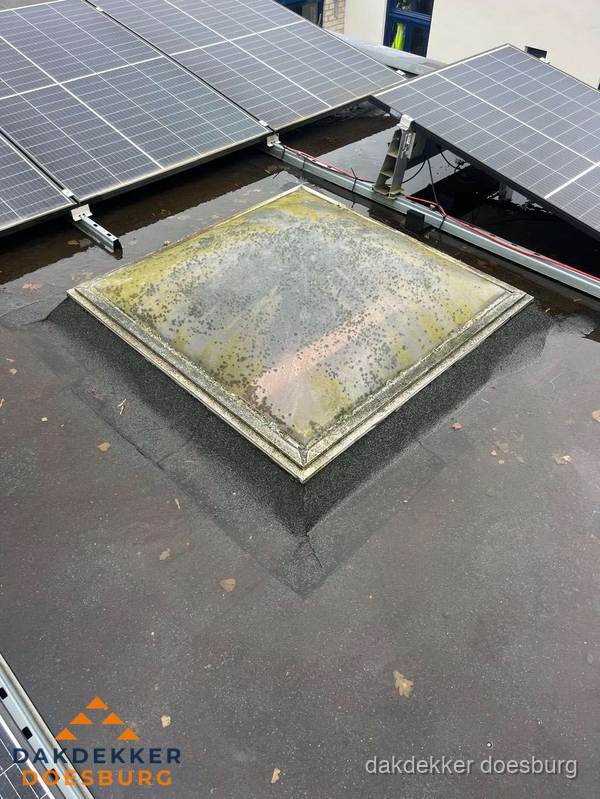 Vervuilde lichtkoepel op plat dak met zonnepanelen in Doesburg