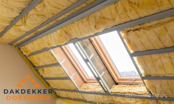 Schuin dak isoleren met glaswol bij dakraam in Doesburg Schuin dak isoleren met glaswol bij dakraam in Doesburg