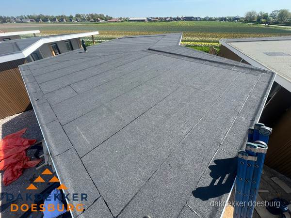 Nieuw bitumen plat dak met uitzicht over landschap in Doesburg